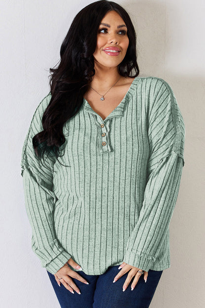 Basic Bae Full Size Ribbed Half Button Long Sleeve T-Shirt – Uneeque Designzz
