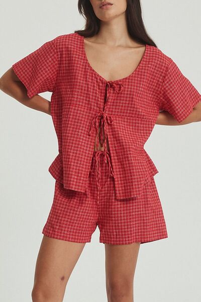 Plaid Tied Scoop Neck Short Sleeve Top and Drawstring Shorts Set – Uneeque Designzz