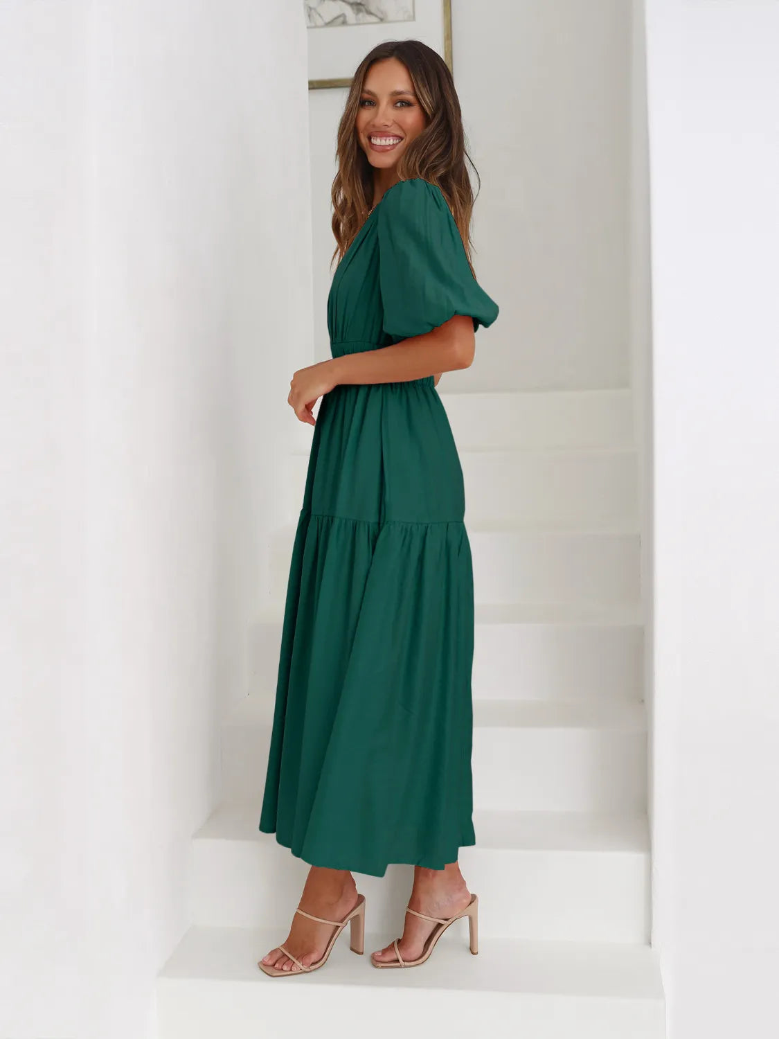 Tiered Surplice Half Sleeve Midi Dress by Trendsi