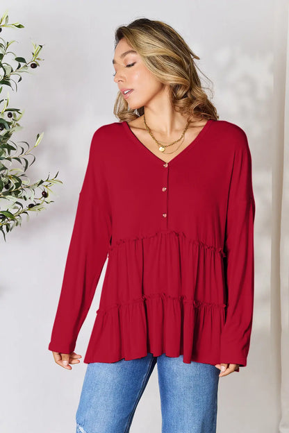 Double Take Half Button Long Sleeve Ruffle Hem Blouse – Uneeque Designzz