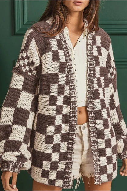 Checkered Open-Front Long Sleeve Stretch Cardigan – Uneeque Designzz