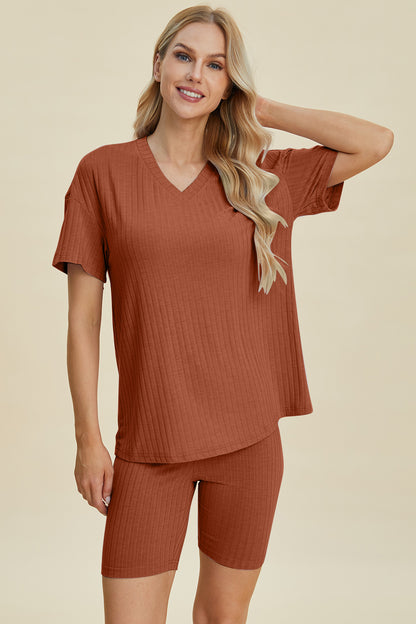 Basic Bae Full Size Ribbed V-Neck Short Sleeve Top and Shorts Set – Uneeque Designzz