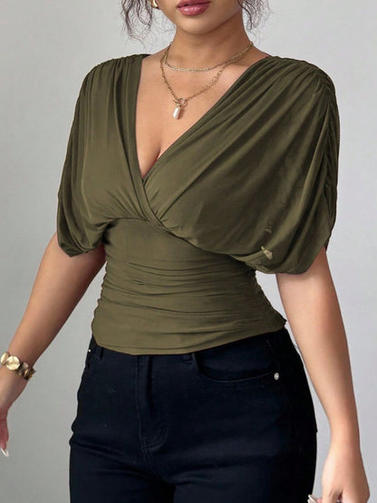 Ruched Surplice Short Sleeve Top – Uneeque Designzz