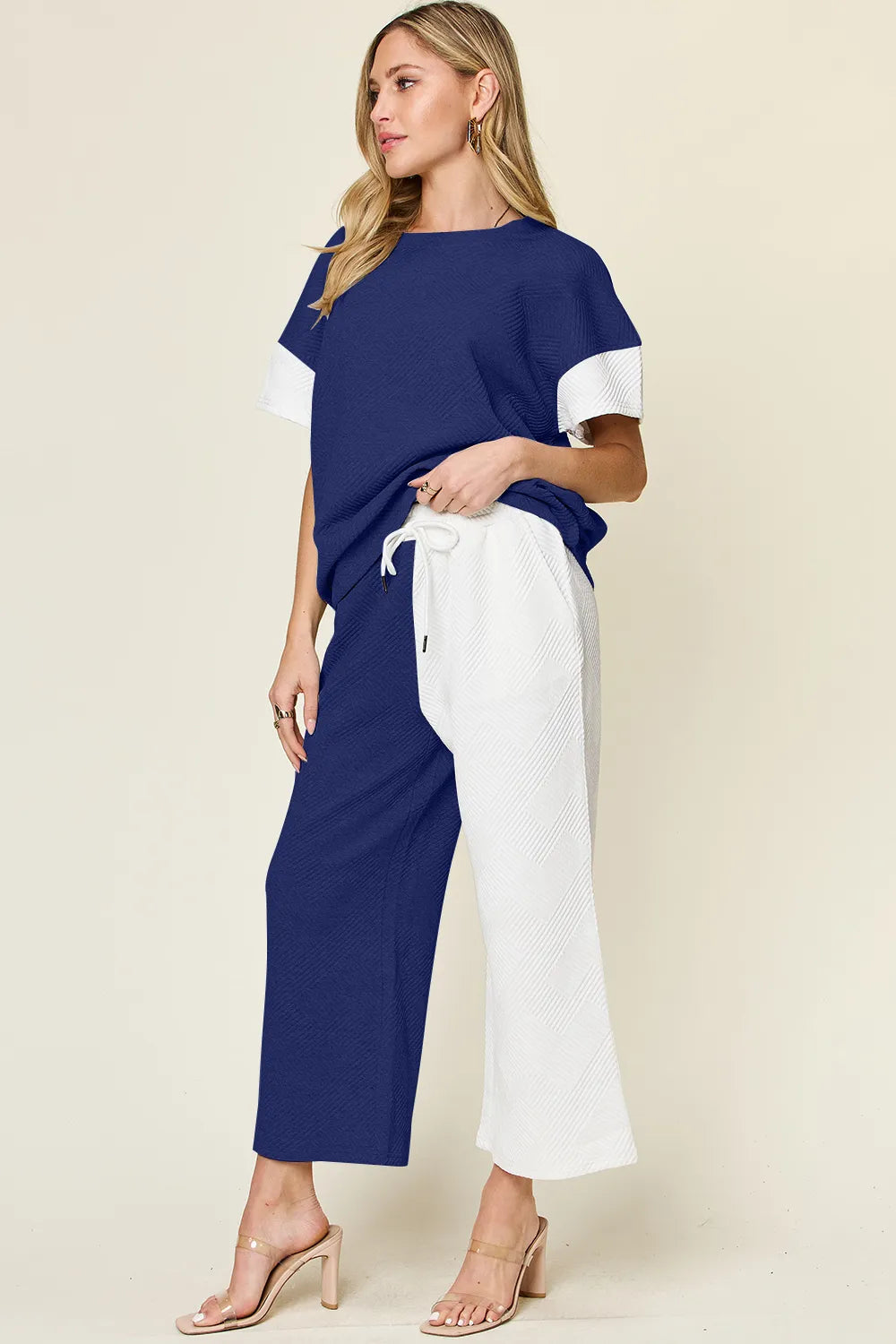 Double Take Full Size Texture Contrast T-Shirt and Wide Leg Pants Set by Trendsi