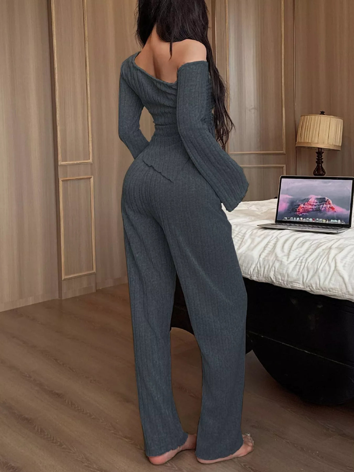 One-Shoulder Ribbed Knit Top and Pants Set by Trendsi