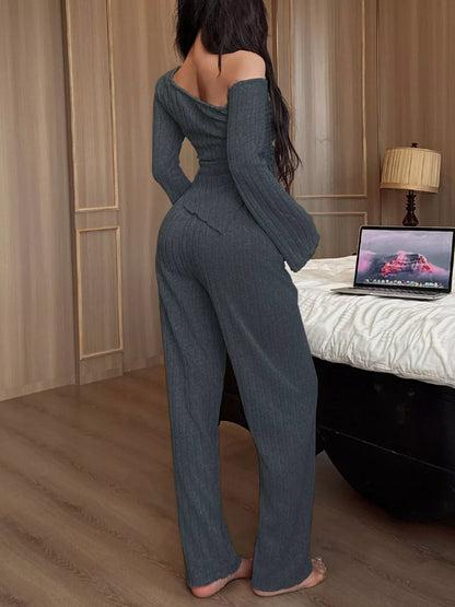 One-Shoulder Ribbed Knit Top and Pants Set by Trendsi