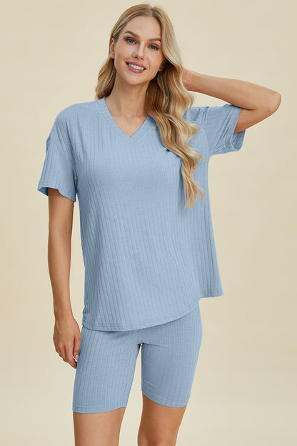 Basic Bae Full Size Ribbed V-Neck Short Sleeve Top and Shorts Set – Uneeque Designzz