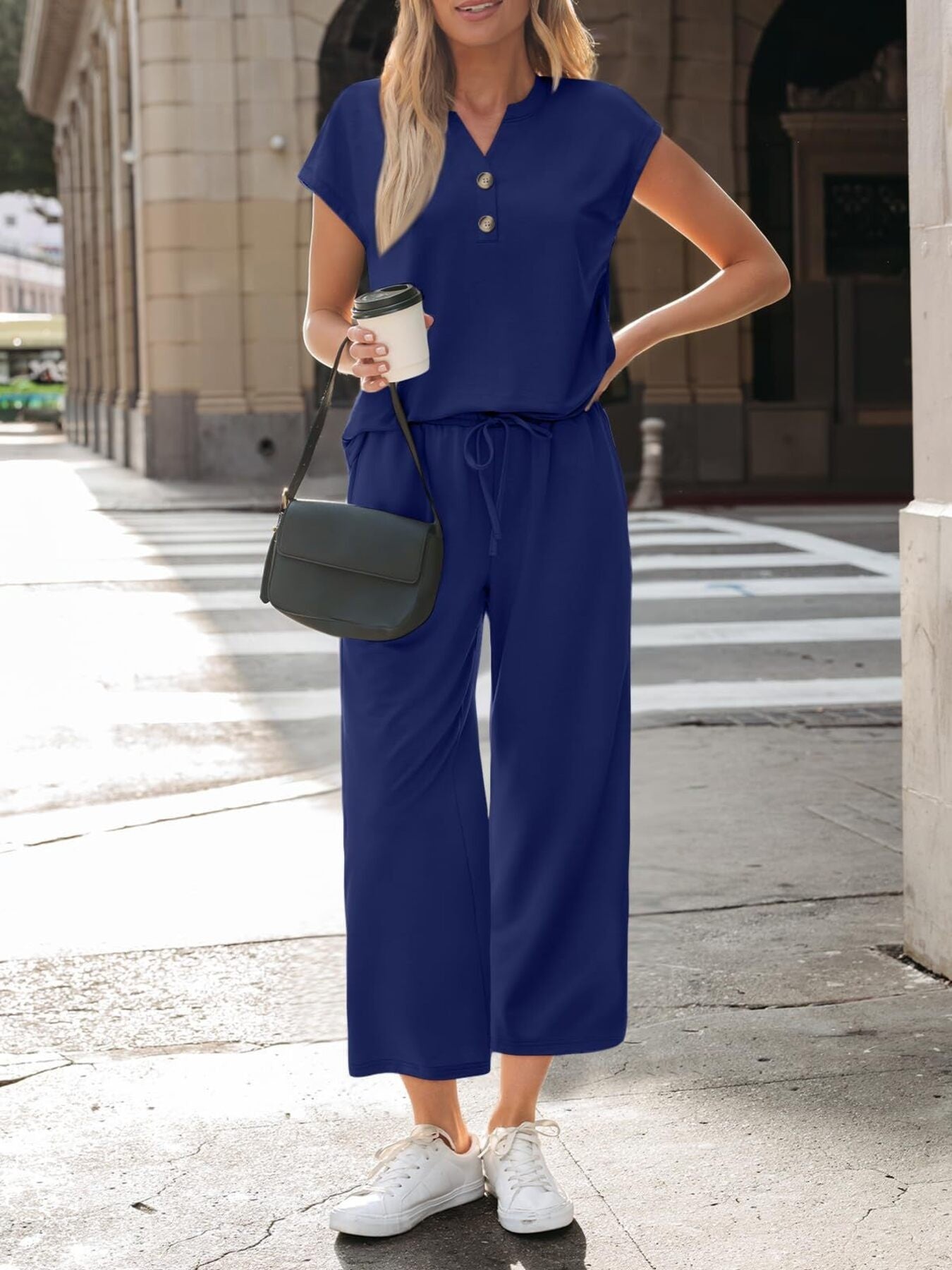 Notched Short Sleeve Top and Pants Set by Trendsi