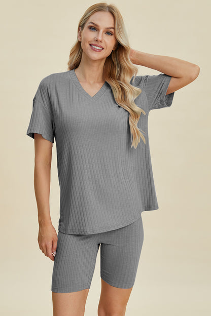 Basic Bae Full Size Ribbed V-Neck Short Sleeve Top and Shorts Set – Uneeque Designzz