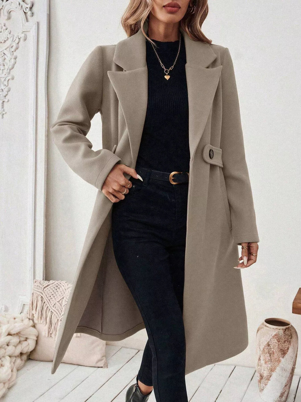 One Button Lapel Collar Overcoat by Trendsi
