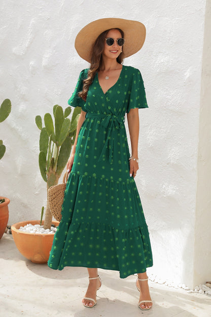 Swiss Dot Tied Surplice Short Sleeve Dress – Uneeque Designzz