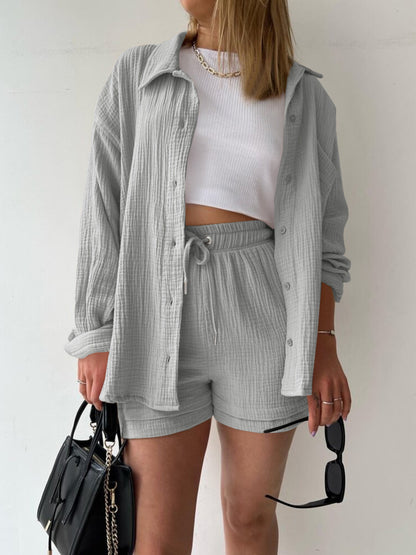 Texture Button-Up Shirt and Drawstring Shorts Set – Uneeque Designzz