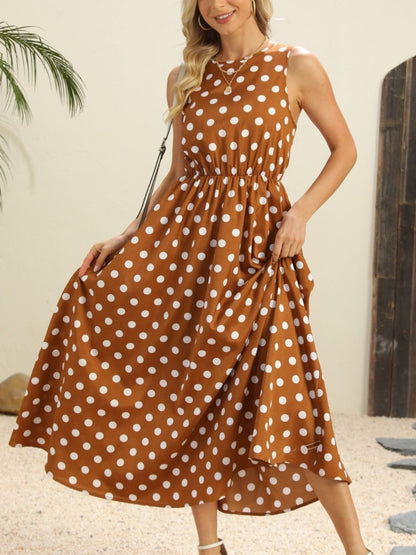 Polka Dot Round Neck Sleeveless Midi Dress – Uneeque Designzz
