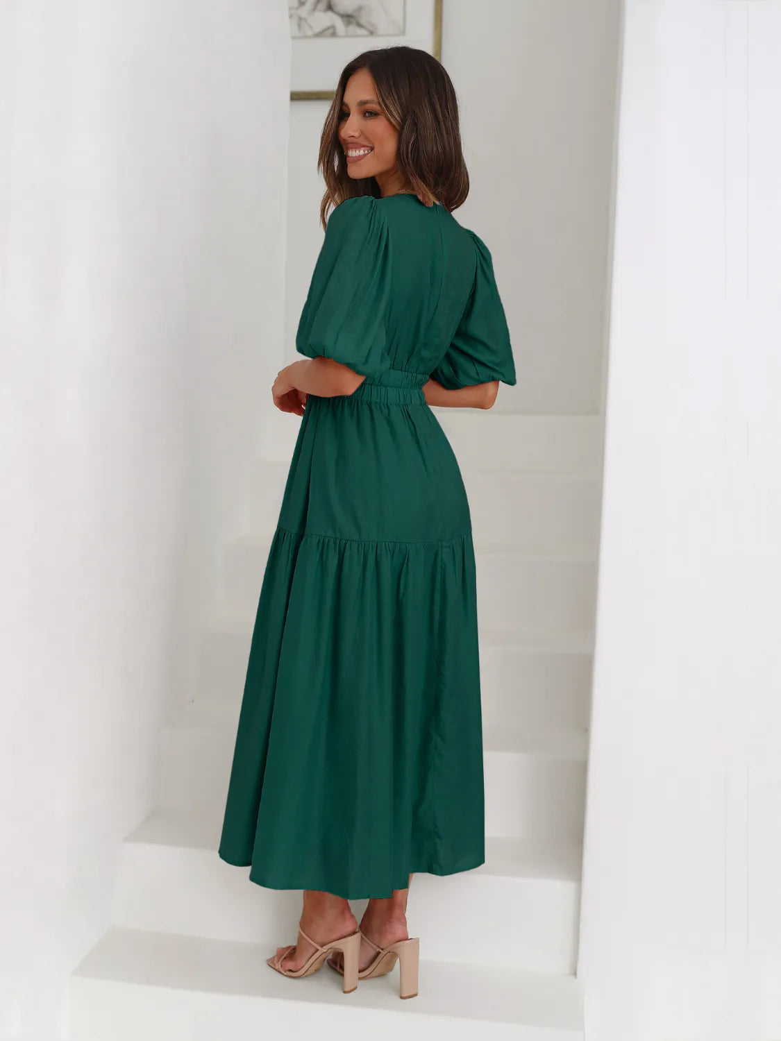 Tiered Surplice Half Sleeve Midi Dress by Trendsi