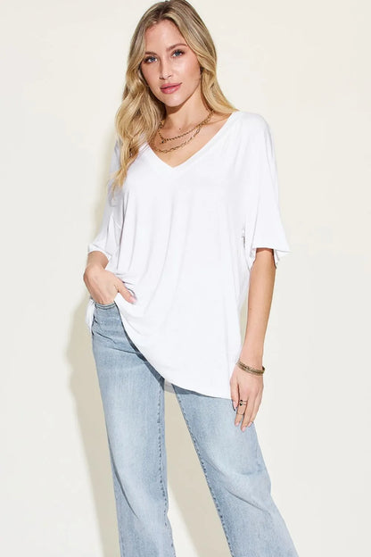 Basic Bae Full Size Bamboo V-Neck Drop Shoulder T-Shirt – Uneeque Designzz