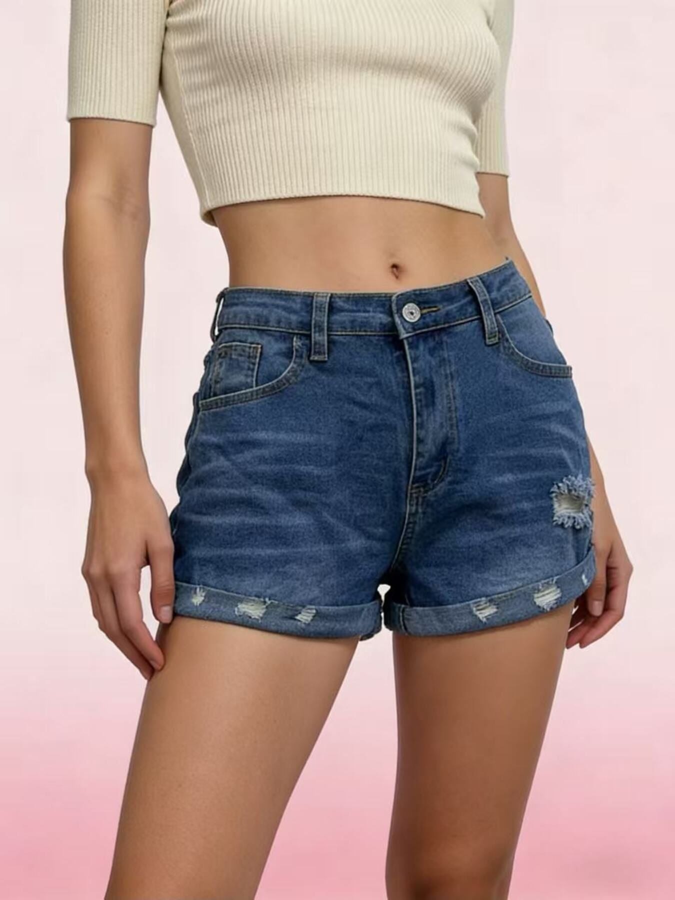 Distressed Denim Roll-Up Shorts by Trendsi