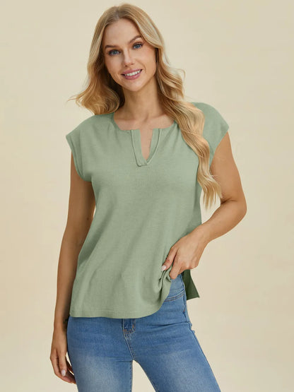 Double Take Full Size Notched Cap Sleeve Knit Top – Uneeque Designzz