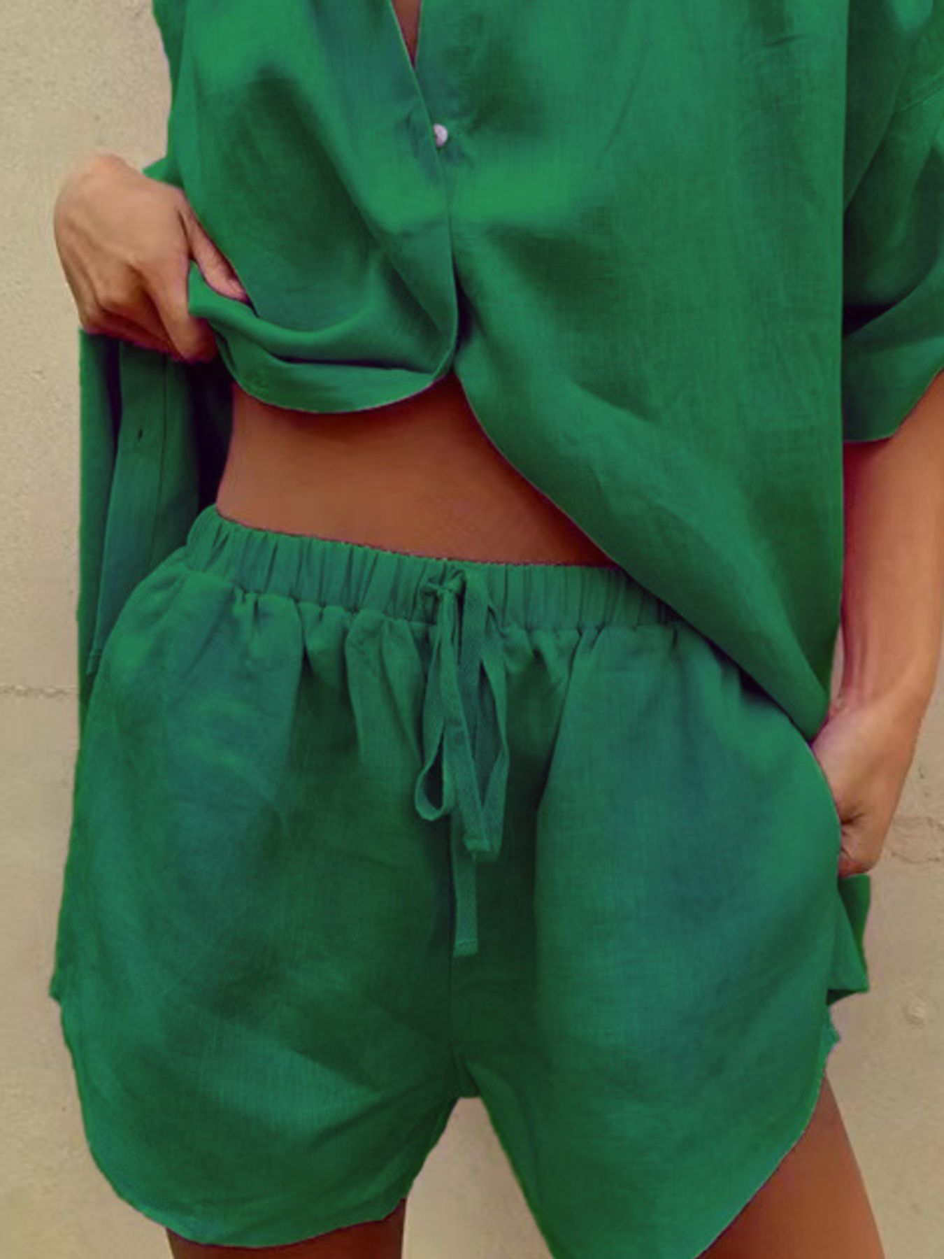 Button Up Shirt and Drawstring Shorts Set by Trendsi