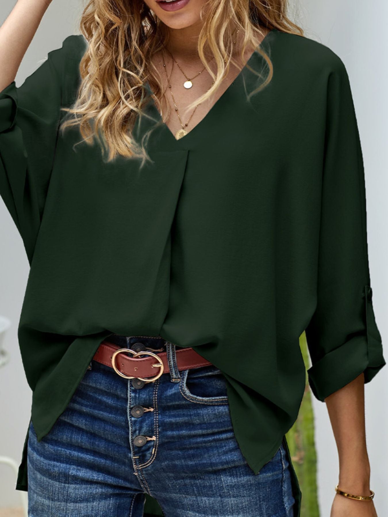 Elegant V-Neck Long Sleeve Blouse by Trendsi