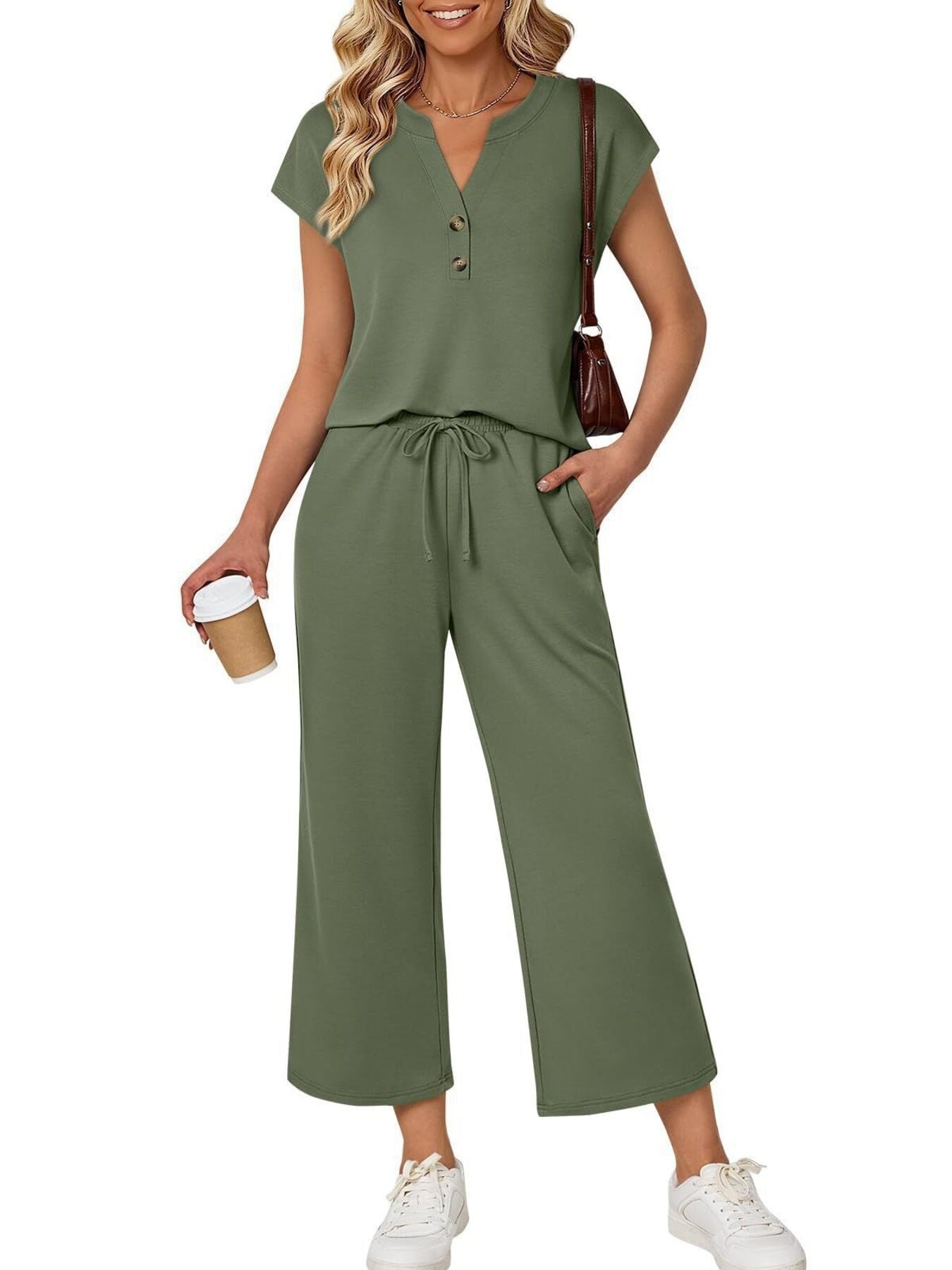 Notched Short Sleeve Top and Pants Set by Trendsi