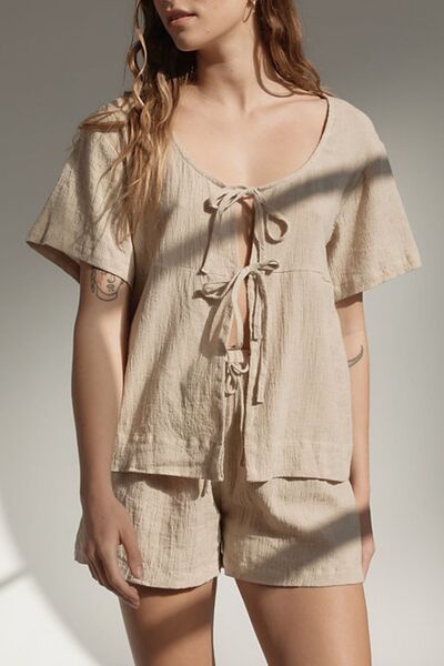 Plaid Tied Scoop Neck Short Sleeve Top and Drawstring Shorts Set – Uneeque Designzz