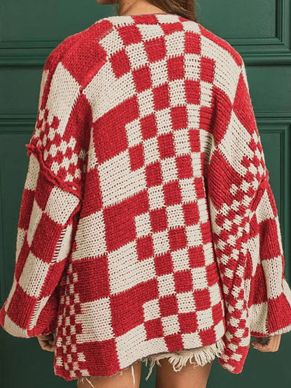 Checkered Open-Front Long Sleeve Stretch Cardigan – Uneeque Designzz