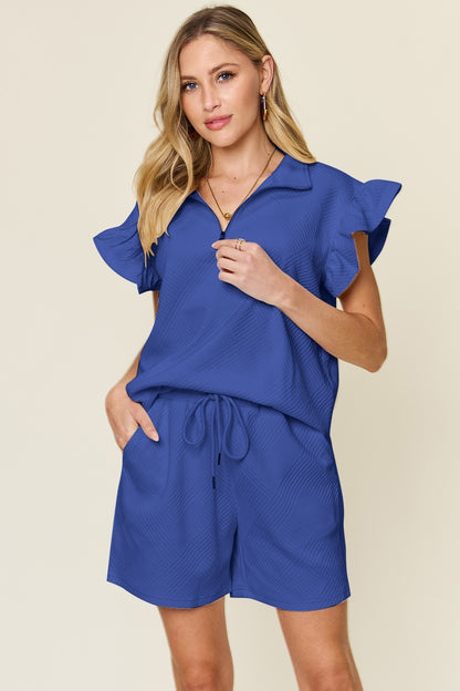 Double Take Full Size Texture Flounce Sleeve Top and Drawstring Shorts Set – Uneeque Designzz