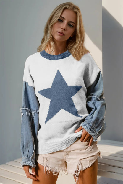 Double Take Full Size Star Pattern Raw Edge Long Sleeve Sweater – Uneeque Designzz