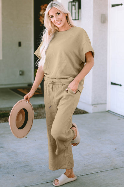 Double Take Full Size Texture Short Sleeve Top and Pants Set – Uneeque Designzz