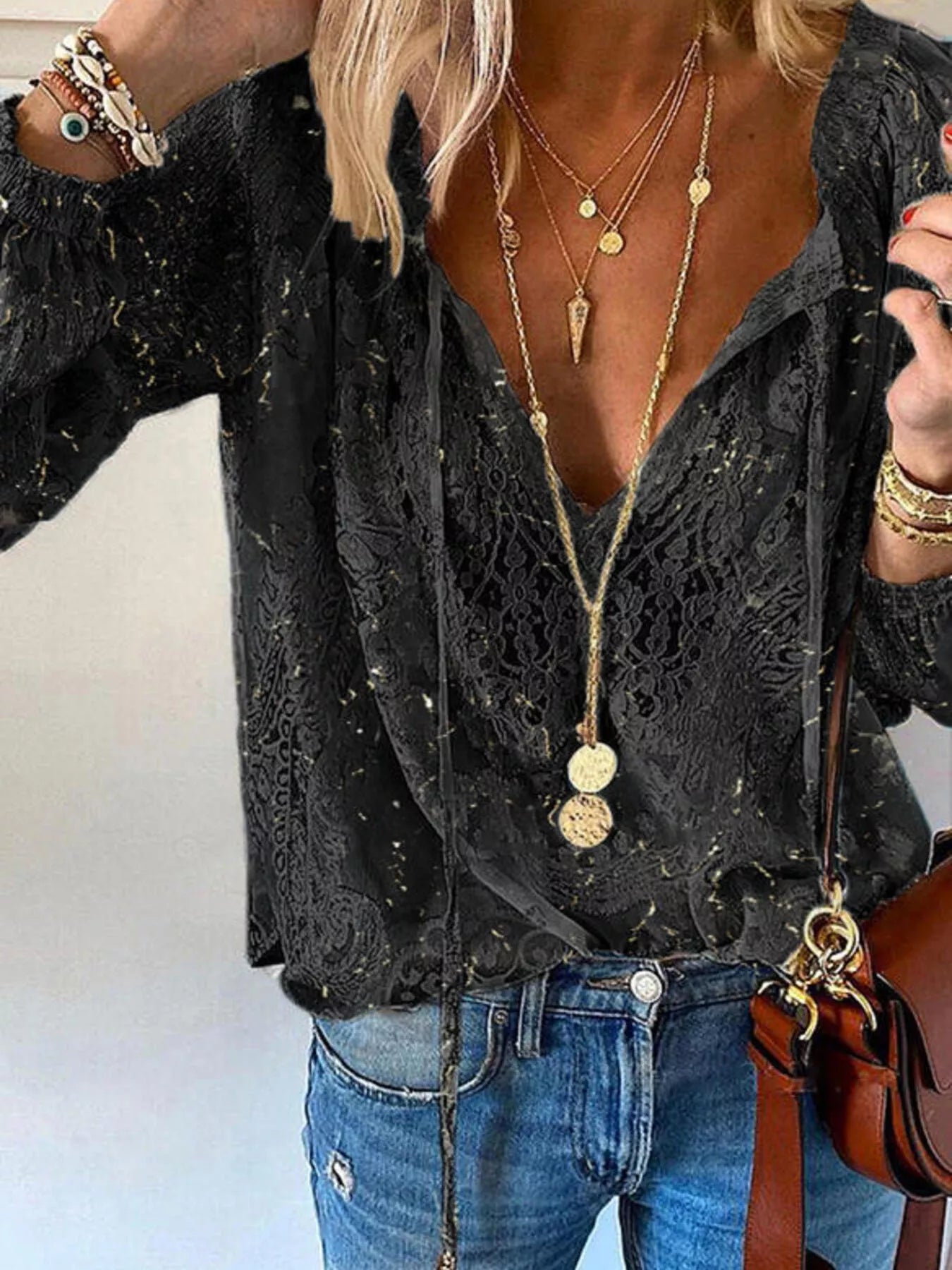 Lace Tie-Neck Blouse by Trendsi