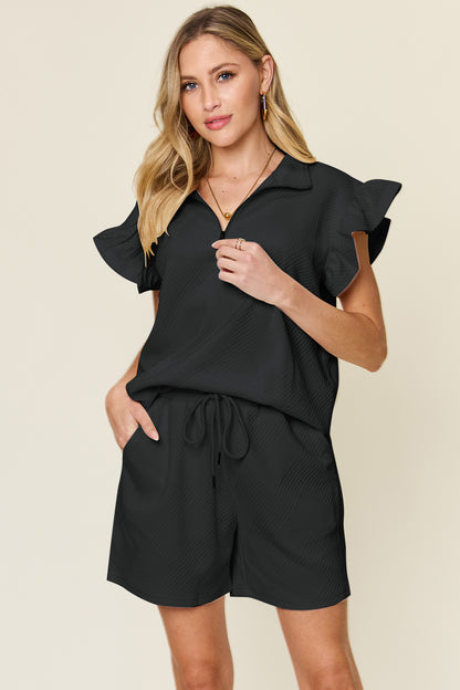 Double Take Full Size Texture Flounce Sleeve Top and Drawstring Shorts Set – Uneeque Designzz