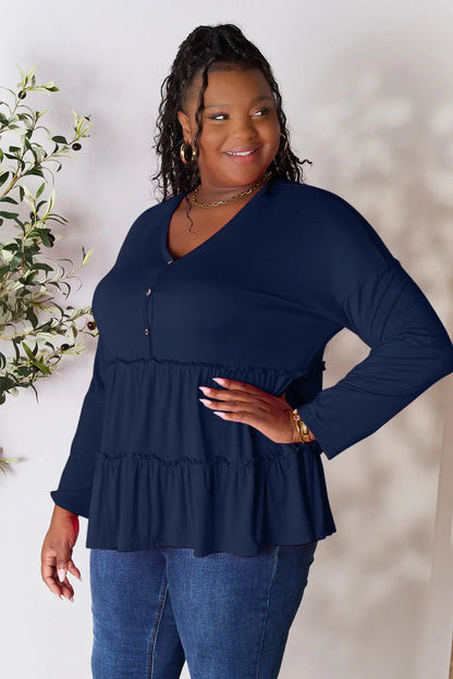 Double Take Half Button Long Sleeve Ruffle Hem Blouse – Uneeque Designzz