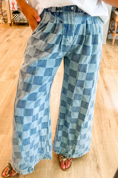 Checkered Wide Leg Jeans with Pockets – Uneeque Designzz