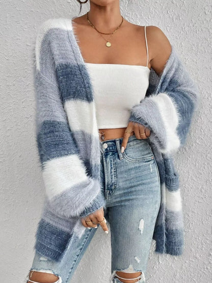 Striped Fuzzy Knit Pocketed Open-Front Casual Soft Cardigan – Uneeque Designzz