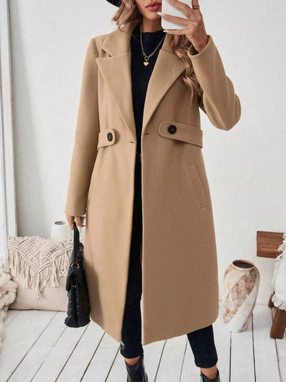 One Button Polyester Lapel Collar Belted Overcoat with Pockets – Uneeque Designzz