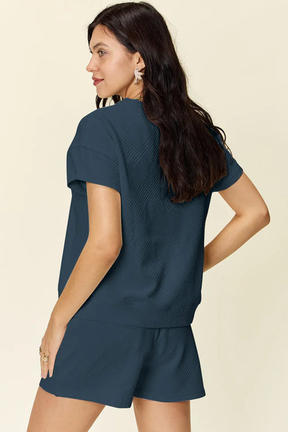 Double Take Full Size Texture Short Sleeve T-Shirt and Drawstring Shorts Set – Uneeque Designzz