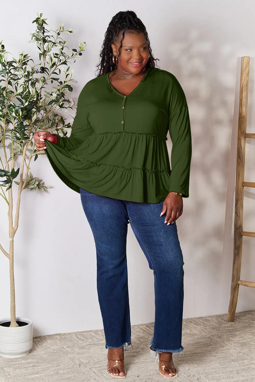 Double Take Half Button Long Sleeve Ruffle Hem Blouse by Trendsi