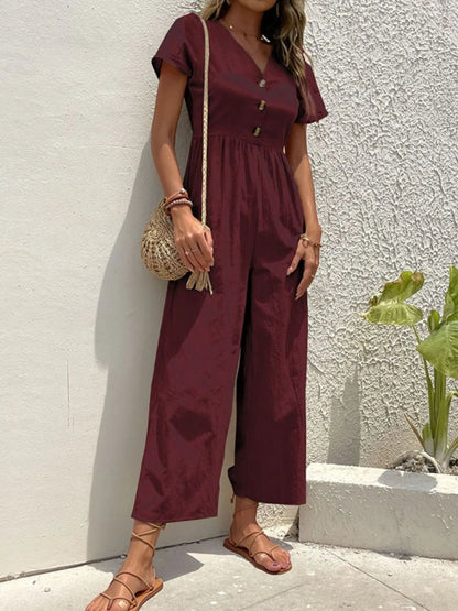 V-Neck Short Sleeve Wide Leg Jumpsuit – Uneeque Designzz