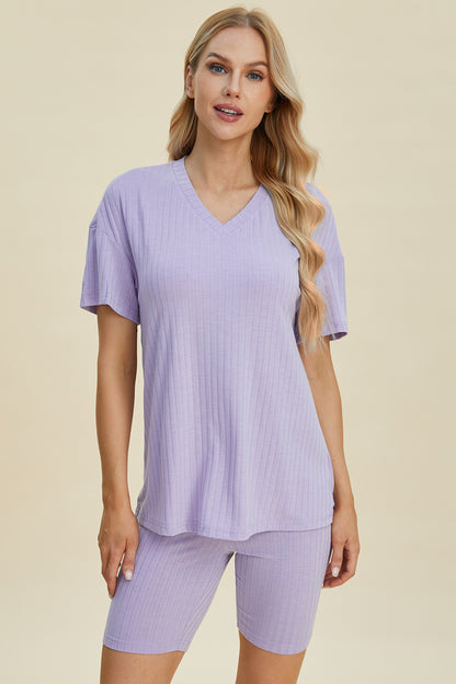 Basic Bae Full Size Ribbed V-Neck Short Sleeve Top and Shorts Set – Uneeque Designzz