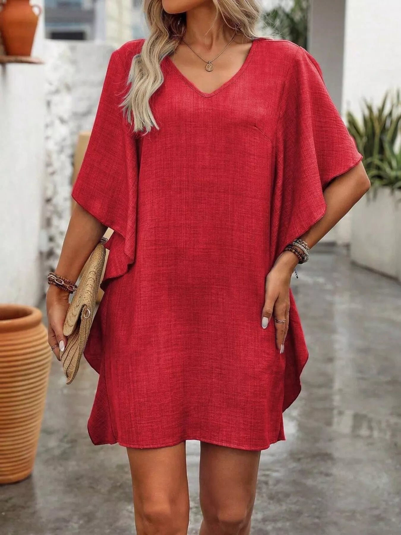 Ruffled Flutter Sleeve V-Neck Mini Dress by Trendsi
