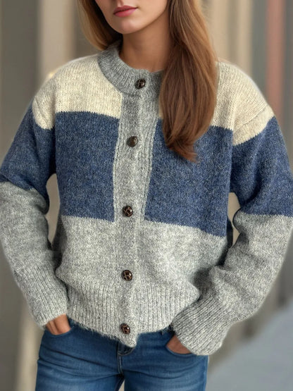 Women's Color Block Button-Up Round Neck Knit Cardigan – Uneeque Designzz