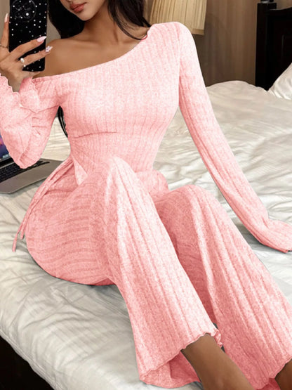 One-Shoulder Ribbed Knit Top and Pants Set by Trendsi