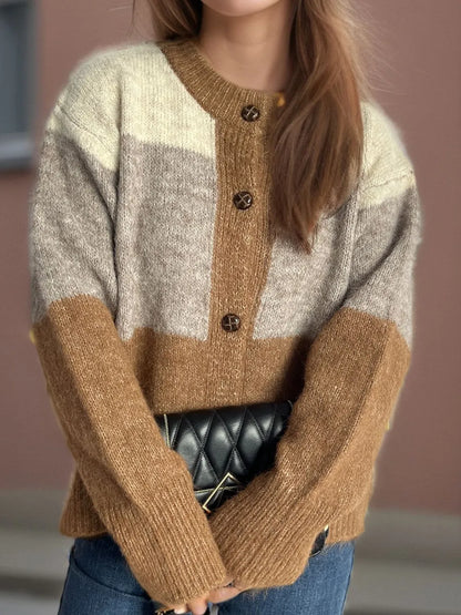 Women's Color Block Button-Up Round Neck Knit Cardigan – Uneeque Designzz