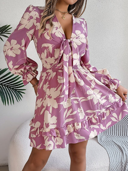 Tied Ruffled Printed Long Sleeve Dress – Uneeque Designzz