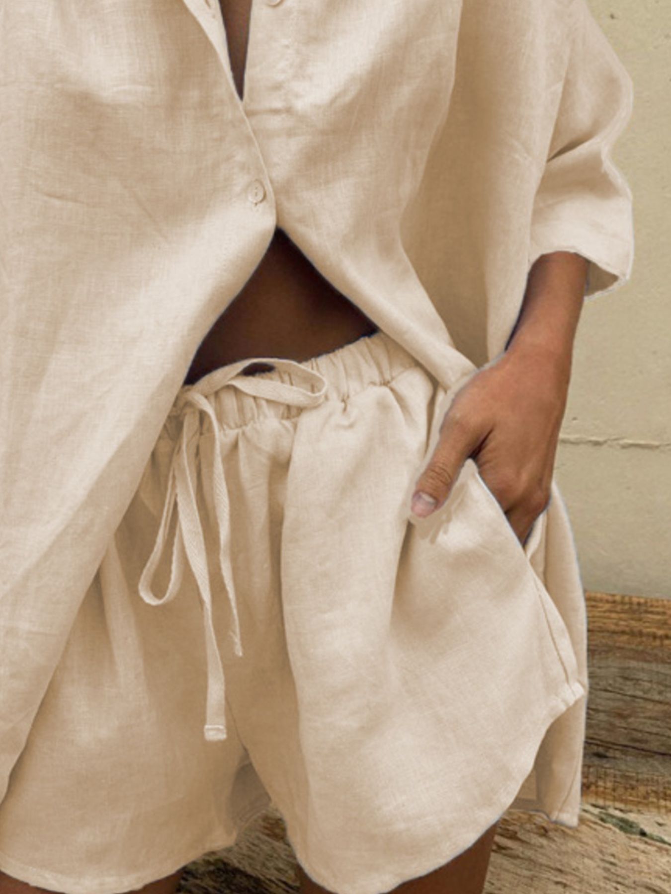 Button Up Shirt and Drawstring Shorts Set by Trendsi