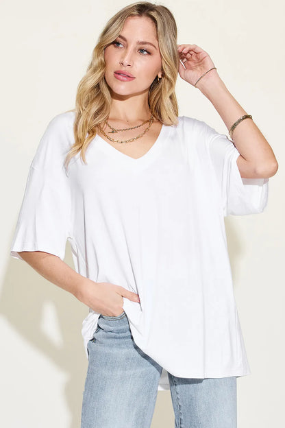 Basic Bae Full Size Bamboo V-Neck Drop Shoulder T-Shirt – Uneeque Designzz
