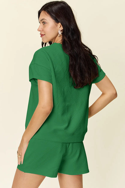 Double Take Full Size Texture Short Sleeve T-Shirt and Drawstring Shorts Set – Uneeque Designzz