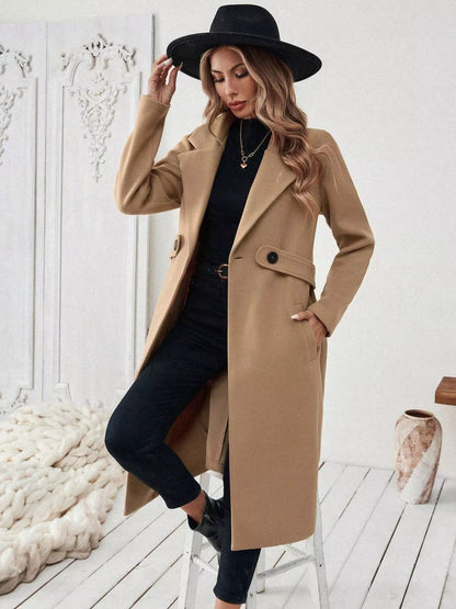 One Button Polyester Lapel Collar Belted Overcoat with Pockets – Uneeque Designzz