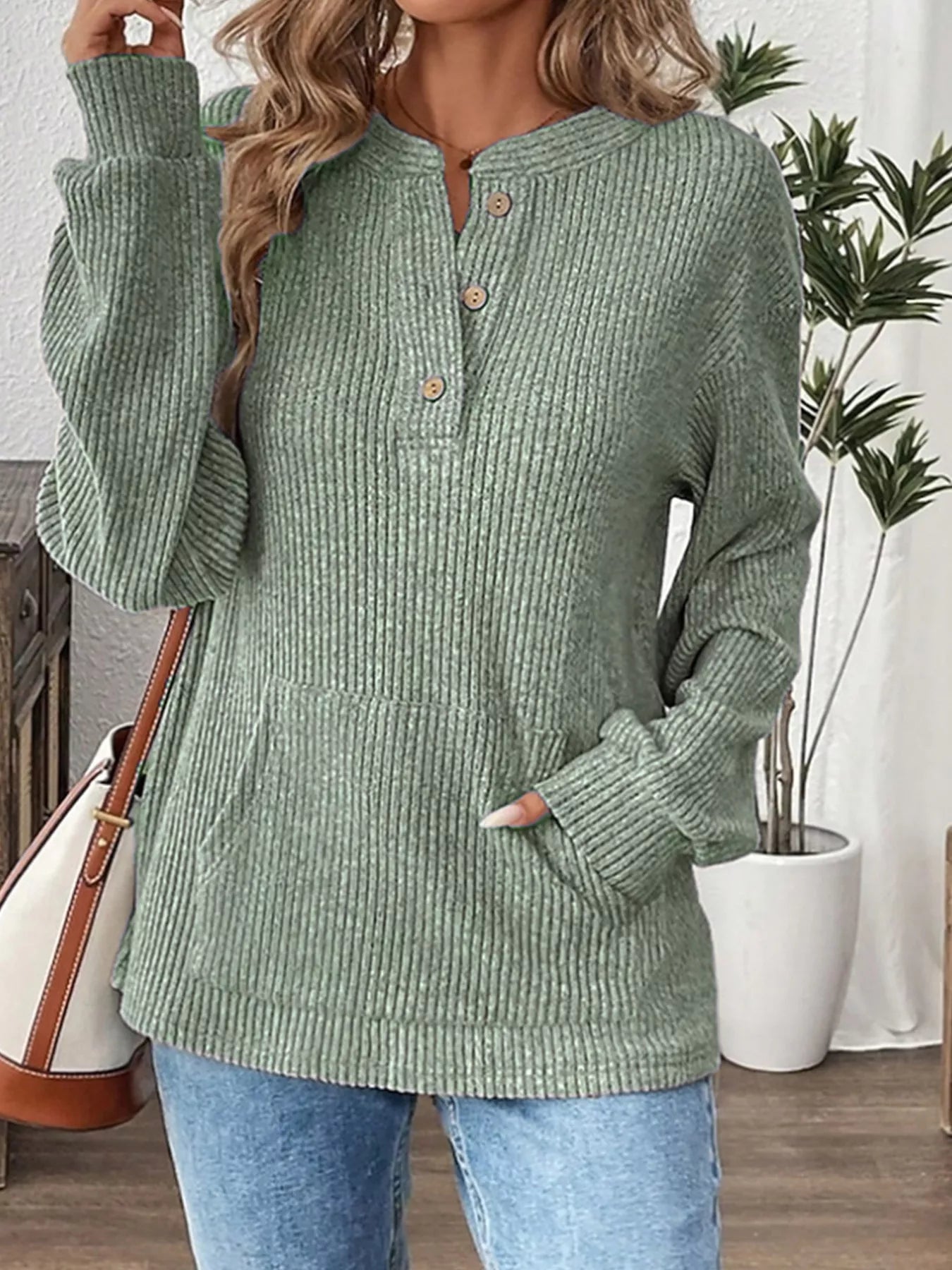 Ribbed Button Detail Long Sleeve T-Shirt by Trendsi