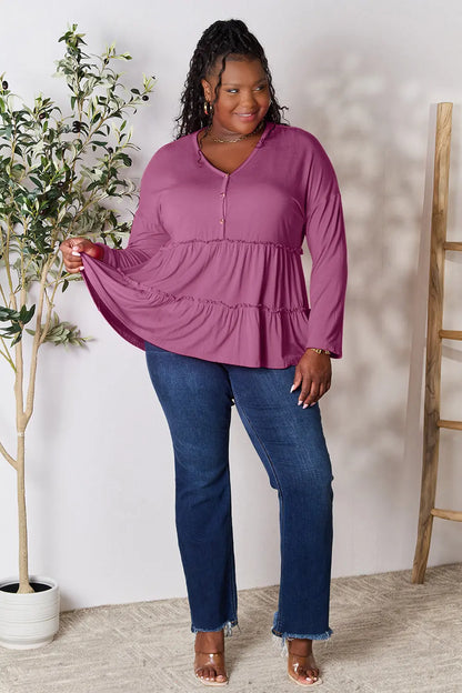 Double Take Half Button Long Sleeve Ruffle Hem Blouse – Uneeque Designzz
